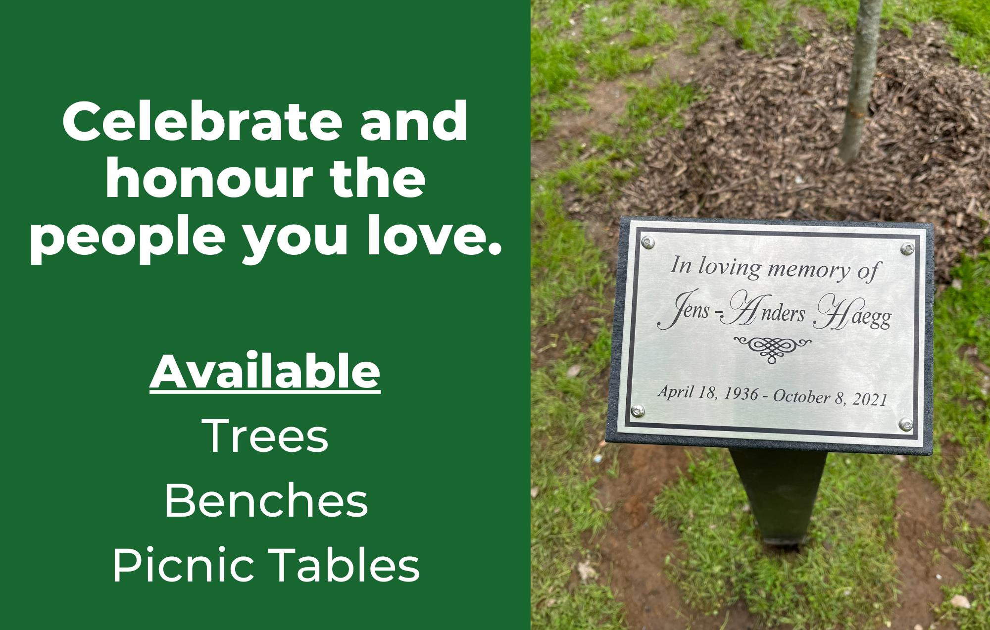 Image of memorial plaque with text overlay that reads: Celebrate and honour the people you love. Trees, benches and picnic tables available.